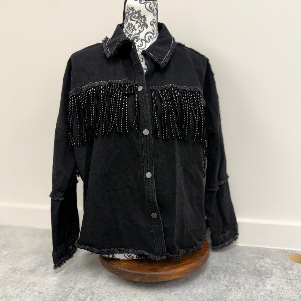 Zara Black Beaded Fringe Denim Jacket